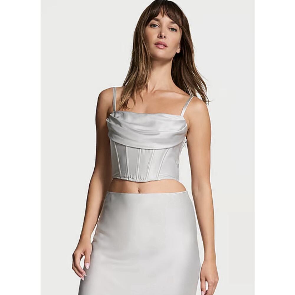 NWT Victoria's Secret Satin Draped Corset Top in"Silver Pearl" Size Medium